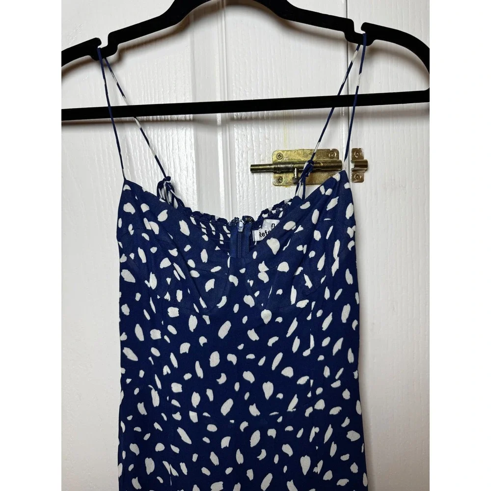 Reformation Juliette Midi Dress Blue White Polka Dot Slit Size 0